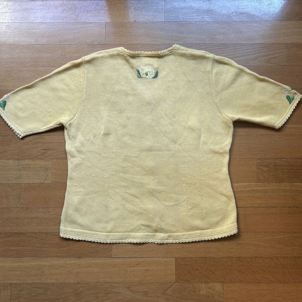 Vintage Yellow Cotton Cardigan Floral Embroidery Short Sleeve Cottagecore S - Picture 9 of 9